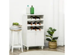 Buffet 2 Portes Casier 9 Bouteilles Intégré Piètement Bois De Pin MDF Panneaux Blanc