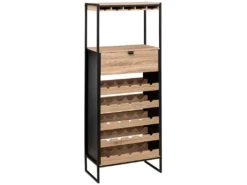 Meuble Bar, Porte-bouteilles En Aggloméré Naturel Avec Pieds En Métal Noir - Longueur 60 X Profondeur 30 X Hauteur 160 Cm
