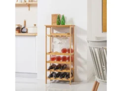 Meuble Range Bouteilles Et Verres Bambou Style Naturel - 16 Bouteilles, 9 Verres - Dim. 47L X 29l X 99H Cm