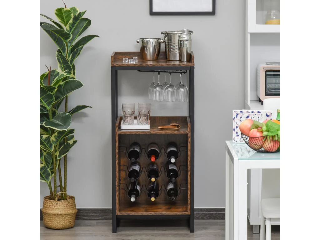 Casier à Vin Design Industriel étagère à Bouteilles 9 Bouteilles Support Verres à Vin Intégré Métal Noir Aspect Vieux Bois Veinage 4 Casier à Vin Design Industriel étagère à Bouteilles 9 Bouteilles Support Verres à Vin Intégré Métal Noir Aspect Vieux Bois Veinage – Image 4