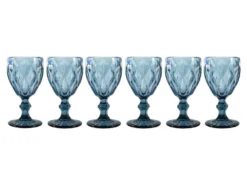 Lot De 6 Verres à Pied En Relief Style Vintage KEITH 25cl - Verre - 8 X 8 X 15,5 Cm - Bleu