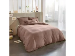 Housse De Couette 240x260 Cm + 2 Taies D'oreiller 65x65 Cm En Lin Français Lavé Nougat