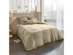 Housse De Couette 220x240 Cm + 2 Taies D'oreiller 65x65 Cm En Lin Français Lavé Latte