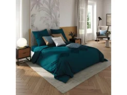 Parure De Lit 2 Personnes 260 X 240 Cm Housse De Couette Avec 2 Taies Coton Lavé Bleu Canard Tufté -Herman Miller Magasin linge de lit 12441193