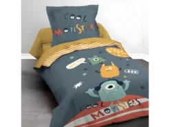 Parure De Couette 140 X 200 "monsters" Réversible 100% Coton / 57 Fils/cm²