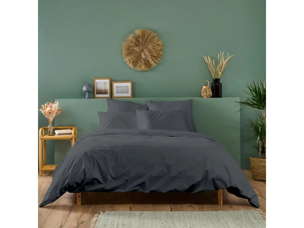 Parure De Lit Unie 1 Personne Percale De Coton : Housse 140x200cm+ 1 Taie 65x65cm- Anthracite 2 Parure De Lit Unie 1 Personne Percale De Coton : Housse 140x200cm+ 1 Taie 65x65cm- Anthracite – Image 2