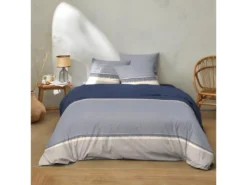 Housse De Couette 220x240 Cm + 2 Taies D'oreiller 63x63 Cm 100% Coton 51 Fils Luka Bleu