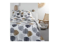 Parure De Lit Sunshine - 2 Personnes - 260 X 240 Cm - 100% Coton - Blanc Et Gris Motif Tropical - TODAY