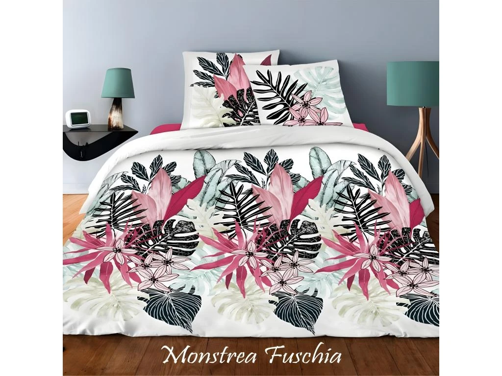 Housse De Couette 220x240 Cm + 2 Taies D'oreiller 63x63 Cm Coton Monstera Fuschia 1 Housse De Couette 220x240 Cm + 2 Taies D'oreiller 63x63 Cm Coton Monstera Fuschia