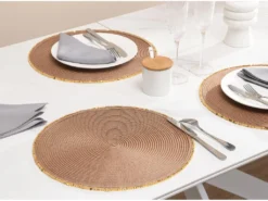 Lot De 8 Sets De Table Ronds Avec Bordures En Perles - D. 38 Cm - Marron Et Doré - BALISTA