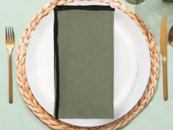 Ensemble Nappe + 4 Serviettes De Table En Lin Et Coton - Bordure Noire - Kaki - 170 X 300 Cm - BORINA -Herman Miller Magasin linge de table 14802911