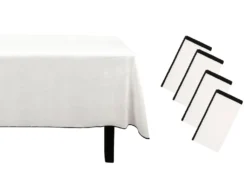Ensemble Nappe + 4 Serviettes De Table En Lin Et Coton - Bordure Noire - Blanc- 170 X 250 Cm - BORINA