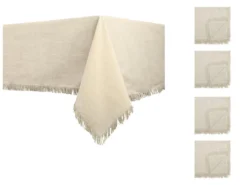 Ensemble Nappe + 4 Serviettes De Table à Franges - Coton - Beige - 140 X 240 Cm - POLA