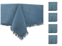Ensemble Nappe + 4 Serviettes De Table à Franges - Coton - Bleu - 140 X 240 Cm - POLA
