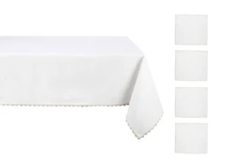 Ensemble Nappe + 4 Serviettes De Table En Coton - Bordure Beige - Blanc - 140 X 240 Cm - LOANIA