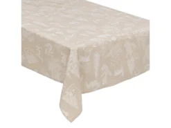 Nappe En Polycoton Beige Aspect Jute Imprimé Animaux Blanc 140 X 240 Cm