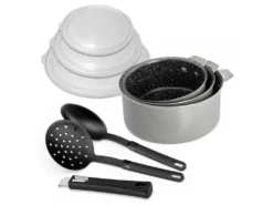 Studio Gris - Lot 9 Pièces - 3 Casseroles, 3 Couvercles, 2 Cuillères Et Poignée Amovible