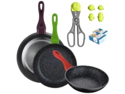 Lot De 3 Poêles à Frire 20/24/28cm En Aluminium Forgé + Ustensile Multi-usages Avec 4 Moules Interchangeables Et 40 Barquettes De Conservation