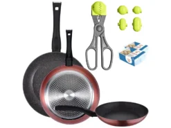 Lot De 3 Poêles ø20/24 Et 28 Cm + Ustensile Polyvalent La Poêle à Croquettes Avec 4 Moules Avec 40 Plateaux De Conservation