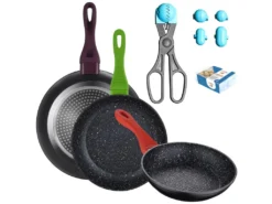 Lot De 3 Poêles à Frire 20/24/28cm En Aluminium Forgé + Ustensile Multi-usages Avec 4 Moules Interchangeables Et 20 Barquettes De Conservation