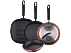 Set De Sip Poêles à Frire Couleur Cuivre - ø20/24/28 + Grill 28 Cm, Aluminium Forgé, Manche Siliconé Athermique, Induction