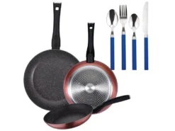 Pack De 3 Casseroles ø20 / 24 Et 28 Cms + 24pc Set De Couvertsen Acier Inoxydable Avec Des Manches Bleues