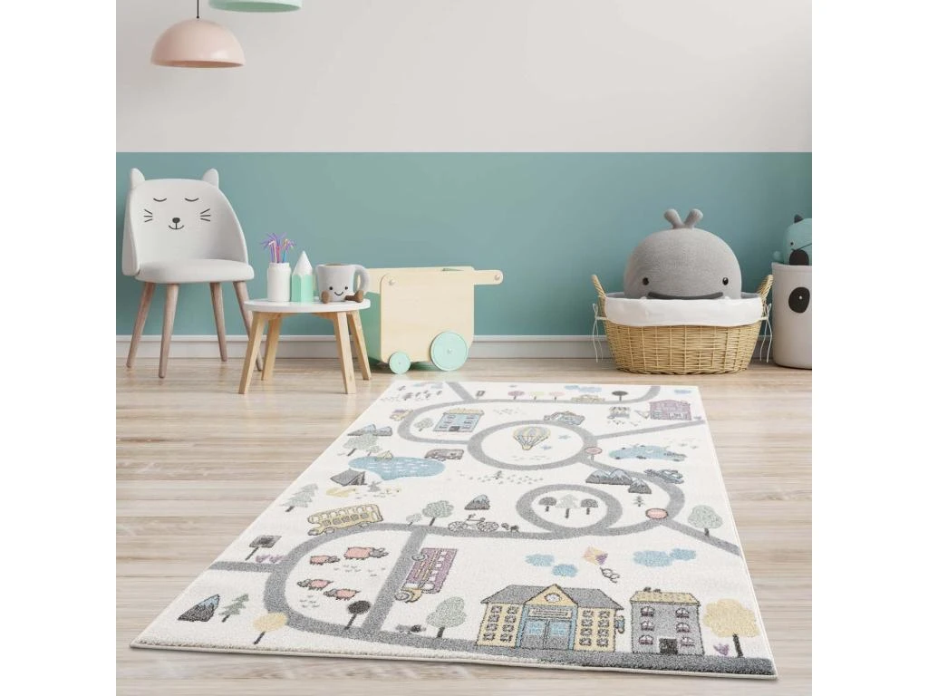Tapis De Jeu Pour Chambre D'enfant Blanc Motif Route De L'école 140x200cm 2 Tapis De Jeu Pour Chambre D'enfant Blanc Motif Route De L'école 140x200cm – Image 2