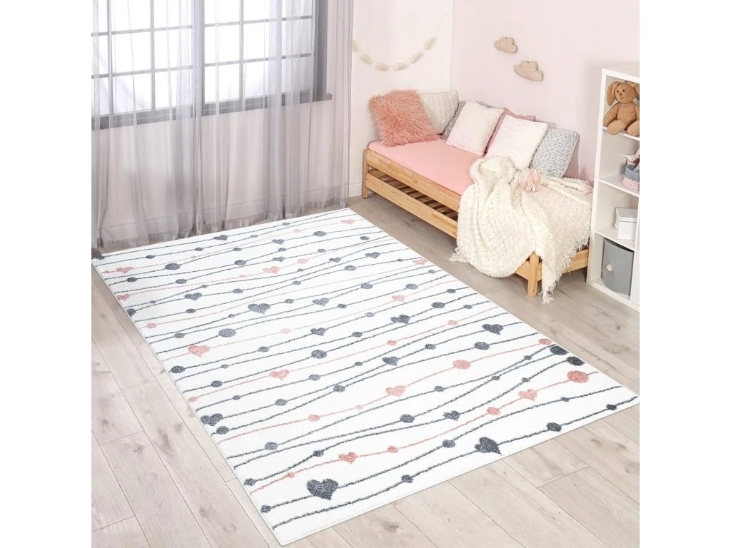 Tapis Pour Chambre D'enfant Blanc Guirlandes Rose Et Gris 140x200cm 2 Tapis Pour Chambre D'enfant Blanc Guirlandes Rose Et Gris 140x200cm – Image 2