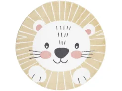 Tapis Rond Pour Chambre D'enfant Lion Jaune Et Blanc 160x160cm