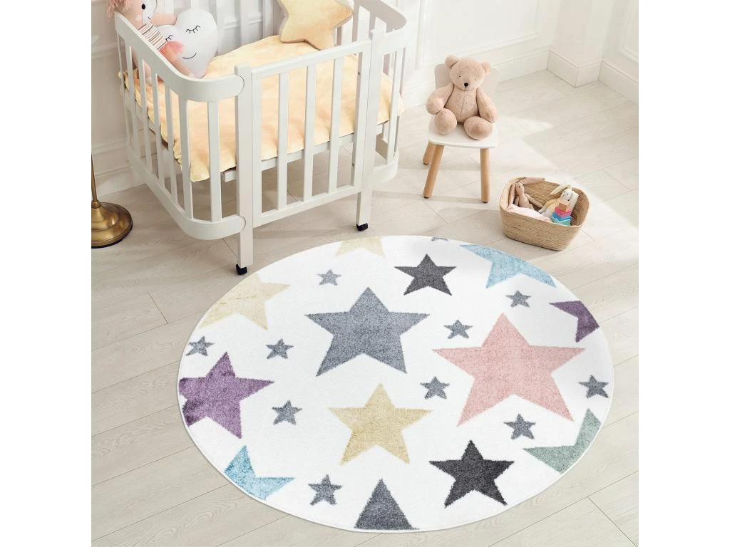 Tapis Rond Pour Chambre D'enfant Blanc Etoiles Multicolores 160x160cm 2 Tapis Rond Pour Chambre D'enfant Blanc Etoiles Multicolores 160x160cm – Image 2
