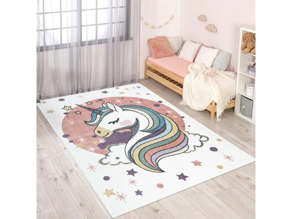Tapis Pour Chambre D'enfant Blanc Motif Licorne Multicolore 140x200cm 2 Tapis Pour Chambre D'enfant Blanc Motif Licorne Multicolore 140x200cm – Image 2