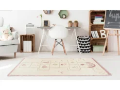 Tapis Enfant Marelle FUNNY - 100 X 150 Cm - Beige, Rose Et Lurex Doré