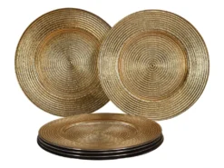 Lot De 6 Grandes Assiettes Striées - D. 33 Cm - Verre - Doré - SHINNY