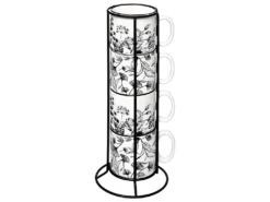 Lot De 4 Mugs Sur Rack "White Floral" 32cm Blanc