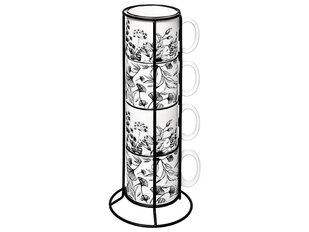 Lot De 4 Mugs Sur Rack "White Floral" 32cm Blanc 1 Lot De 4 Mugs Sur Rack "White Floral" 32cm Blanc